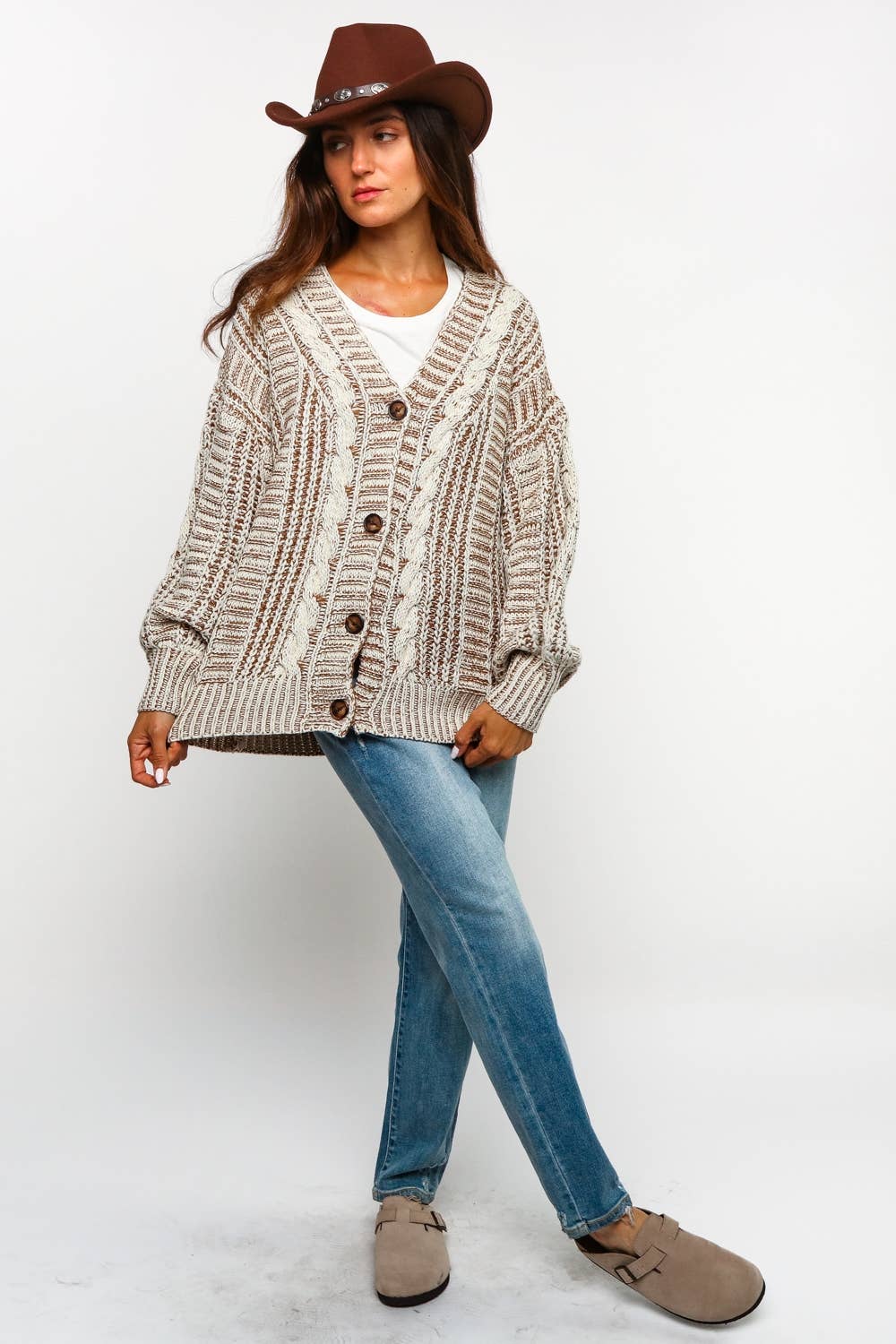 Tessa Two Tone Cable Chunky Sweater Cardigan ~ Oatmeal/Taupe