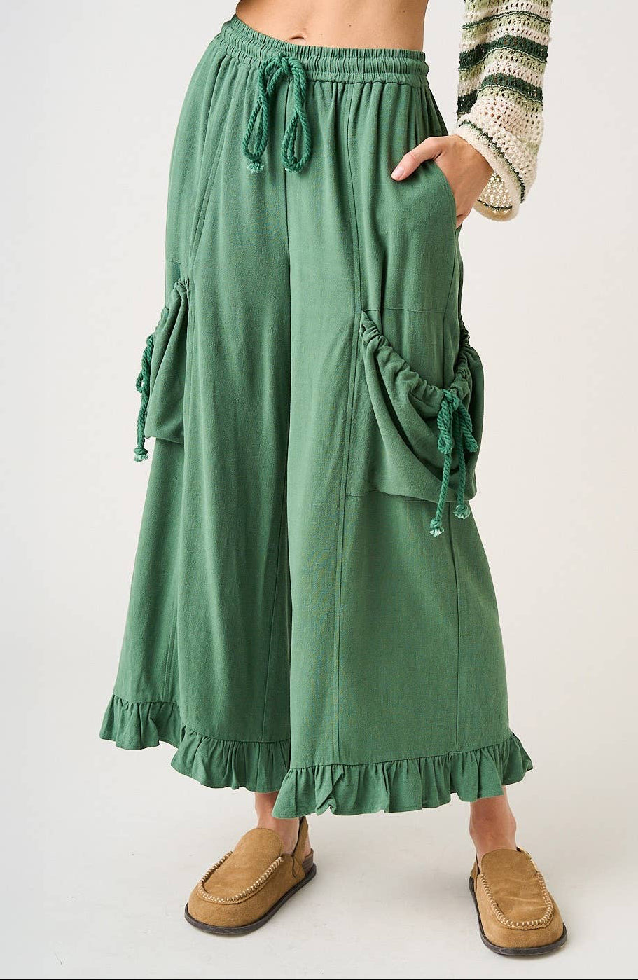 Rachel Ruffle Hem Drop Pocket Ankle Wide Leg Pants ~ Green