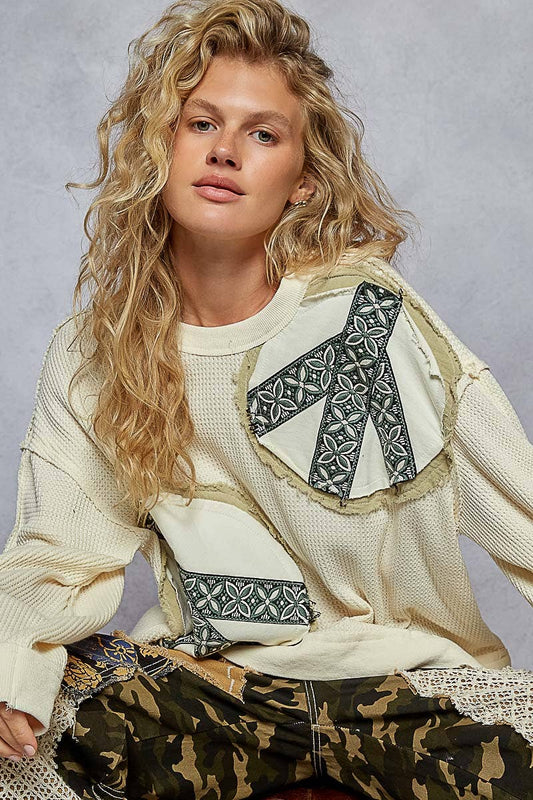Violet Vintage Peace Patch Thermal Top ~ Cream
