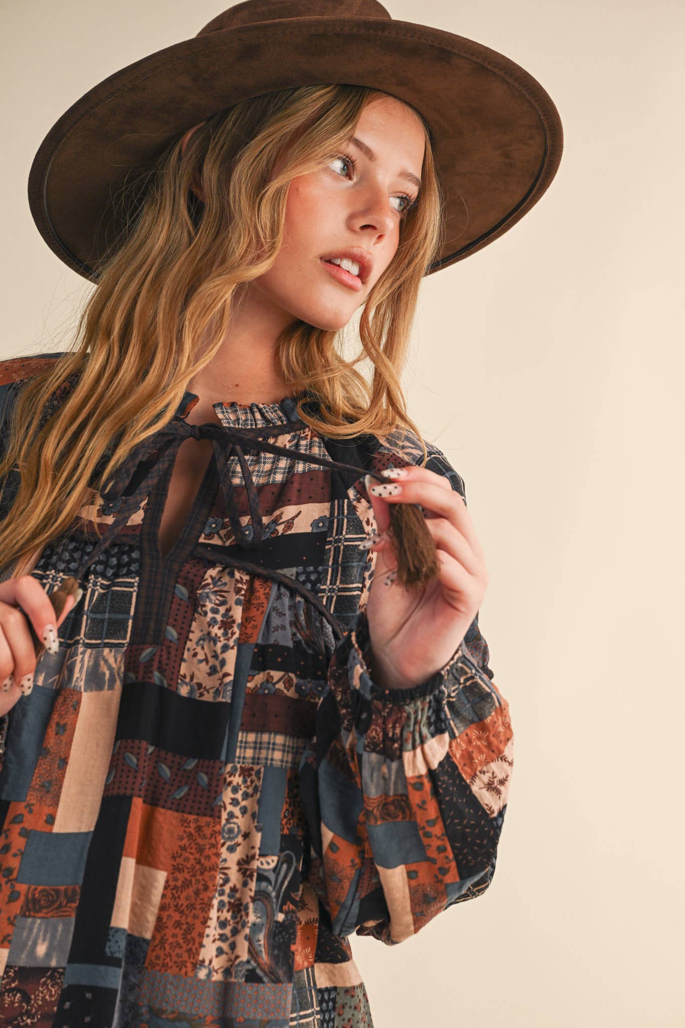 Layla Boho Patchwork Babydoll Top ~ Brown
