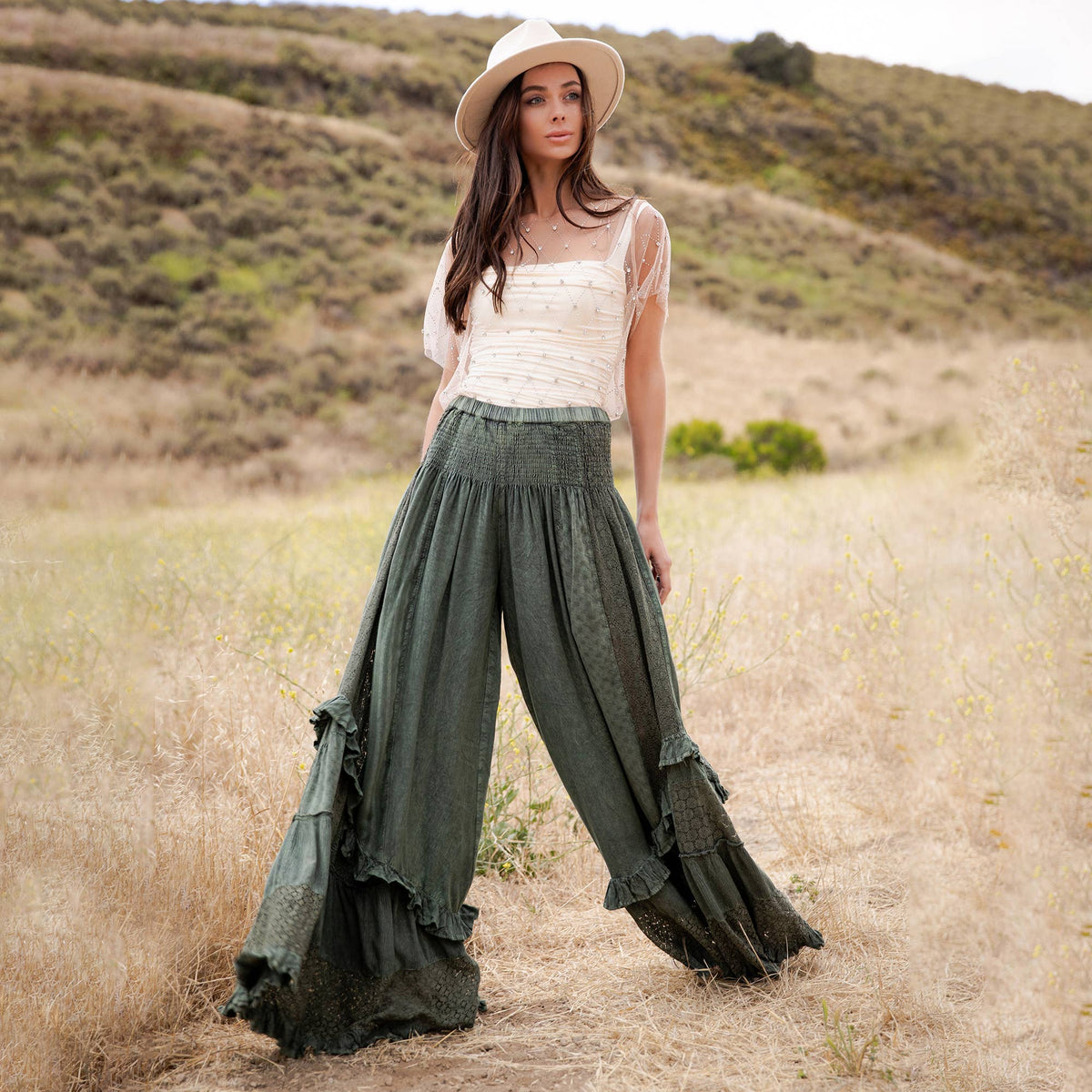 Boho Smocked Mineral Wash Lace Tiered Ruffle Pants ~ Basil