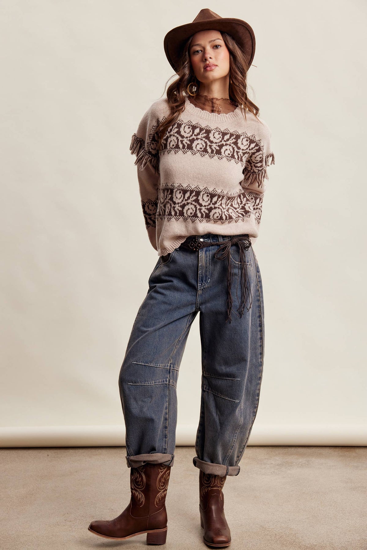 Whitney Western Fringe Pattern Knit Sweater ~ Sand Stone