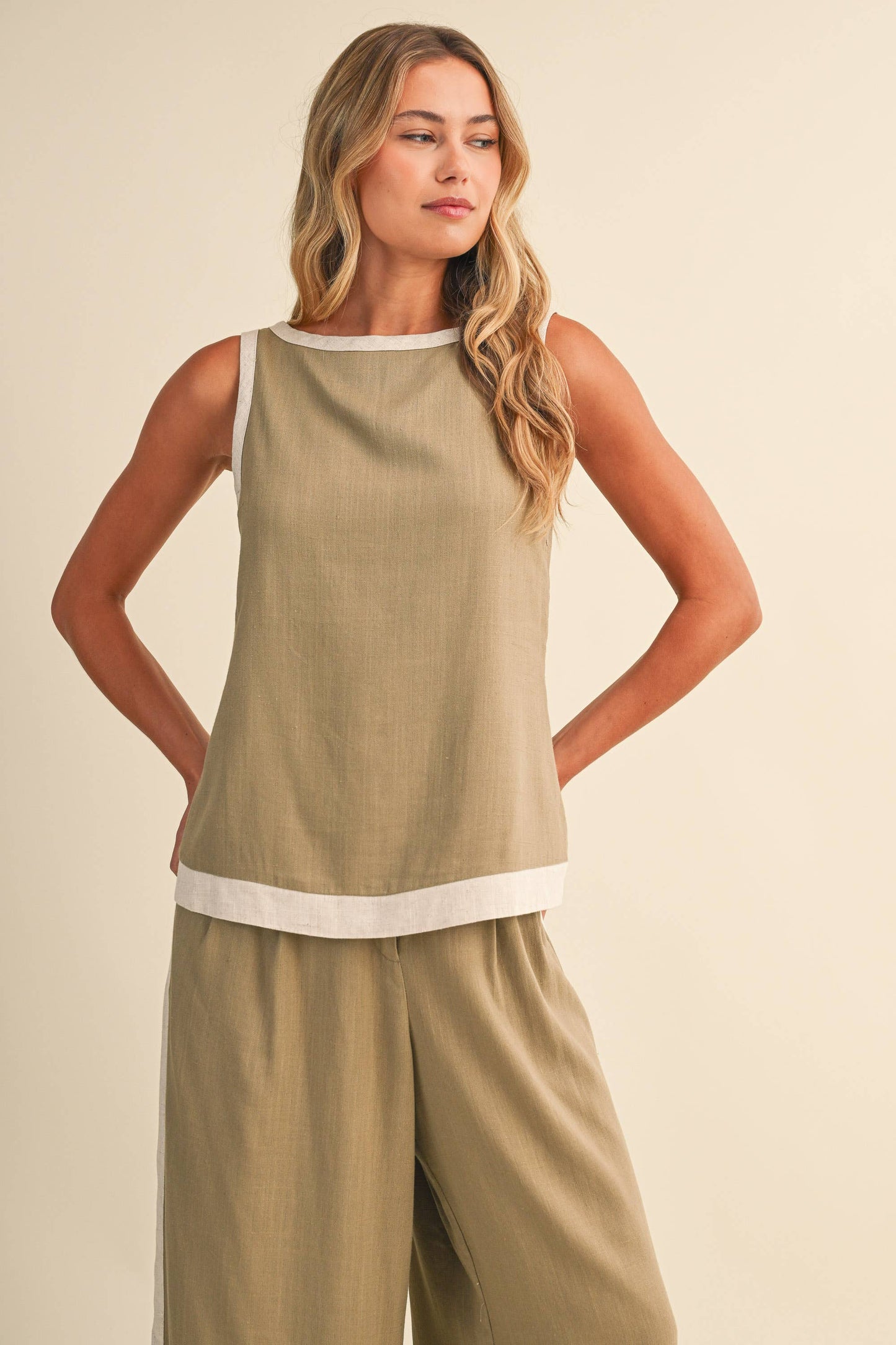 Lauren Linen Sleeveless Tunic Top ~ Olive/Natural