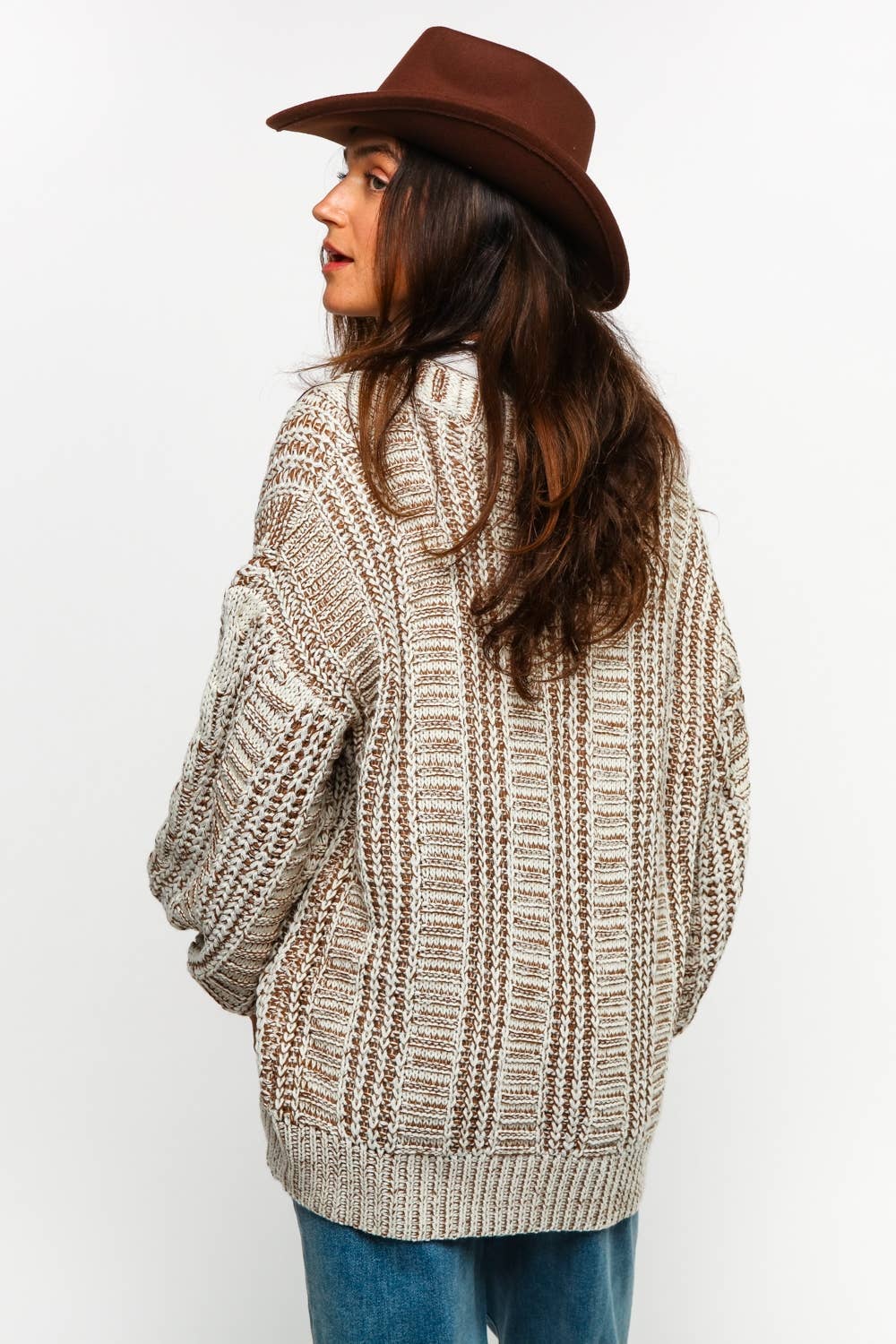 Tessa Two Tone Cable Chunky Sweater Cardigan ~ Oatmeal/Taupe