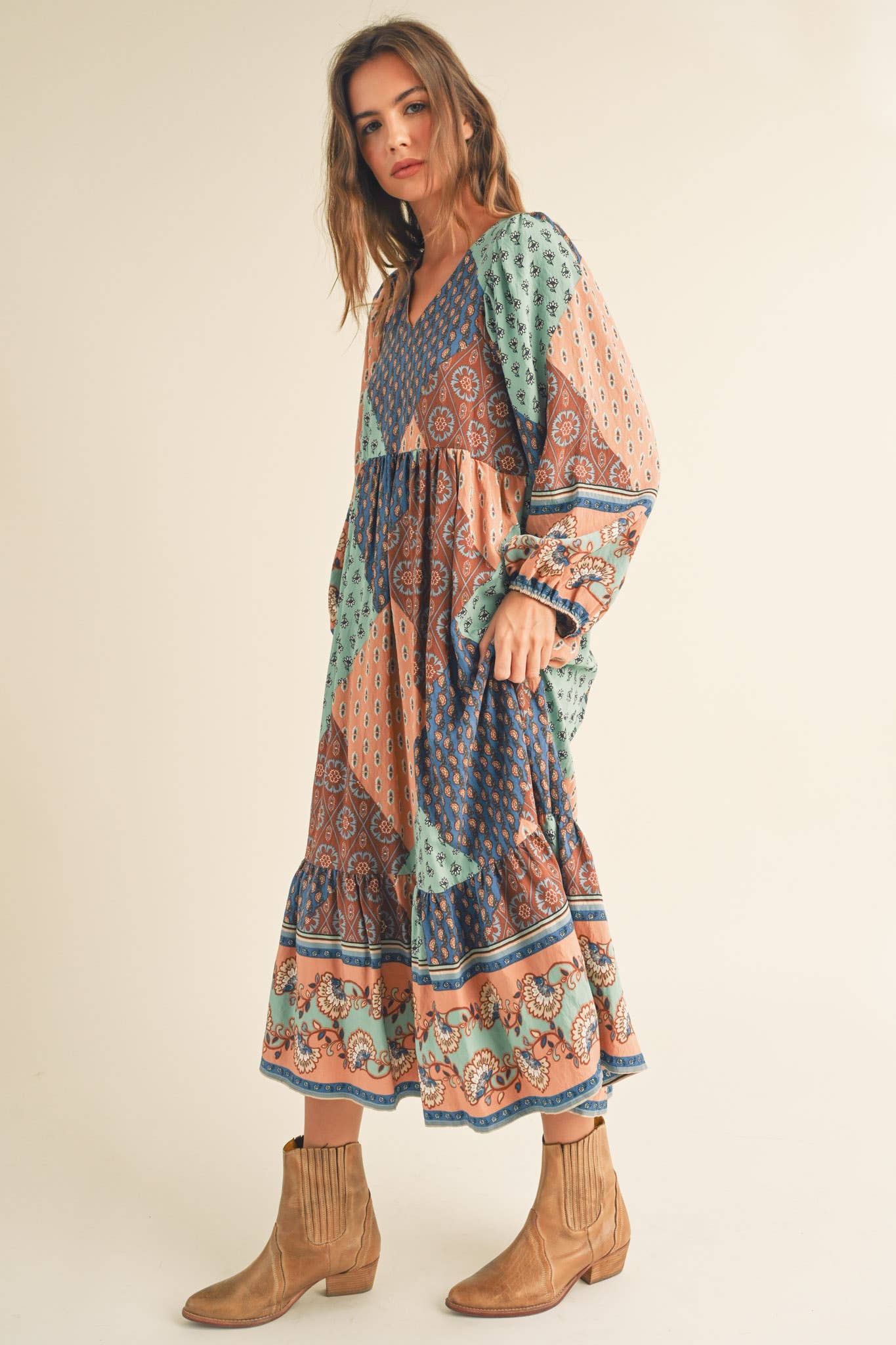 Amelia Border Print Balloon Sleeve Midi Dress ~ Multi