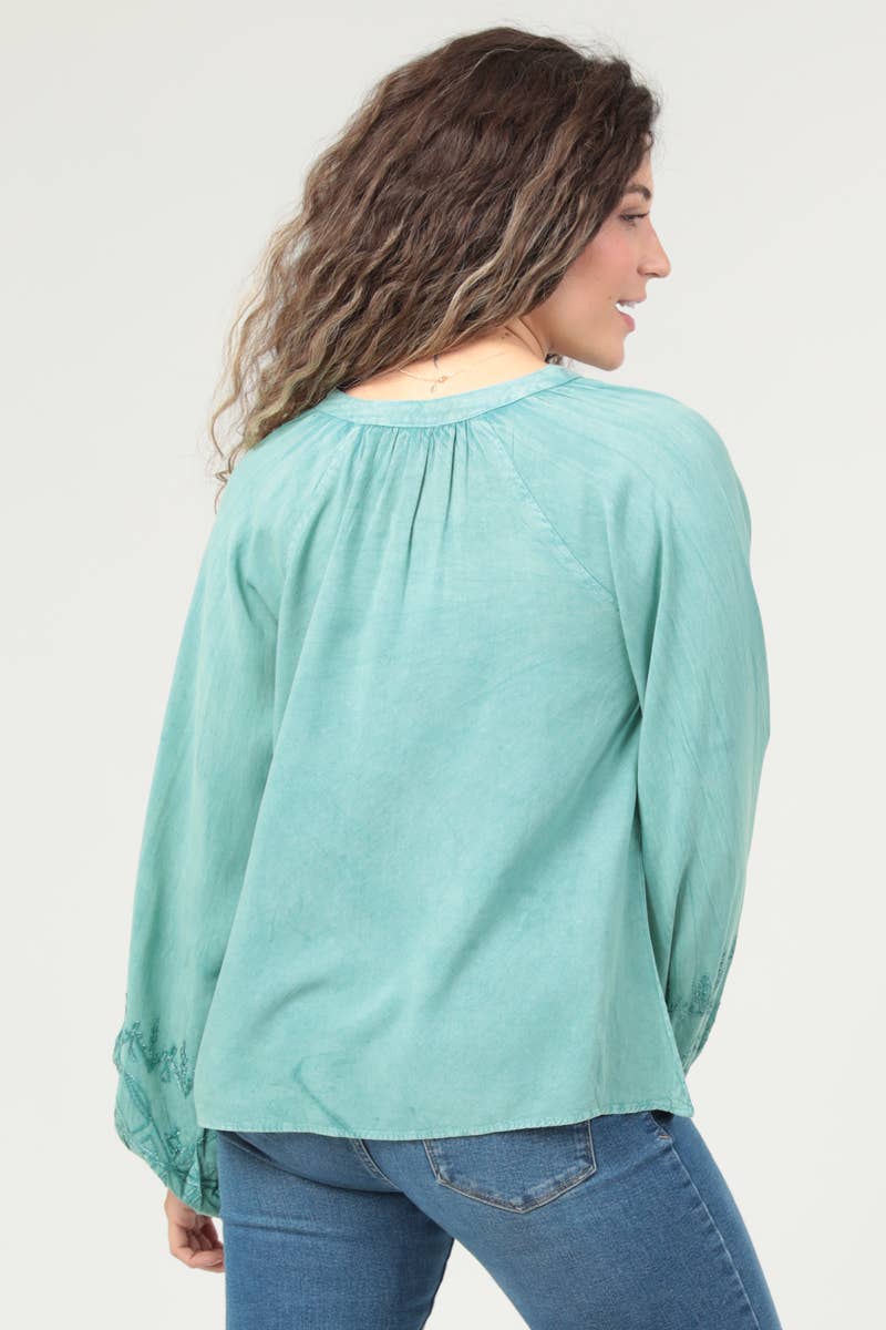 Regina V Neck Embroidered Top ~ Green