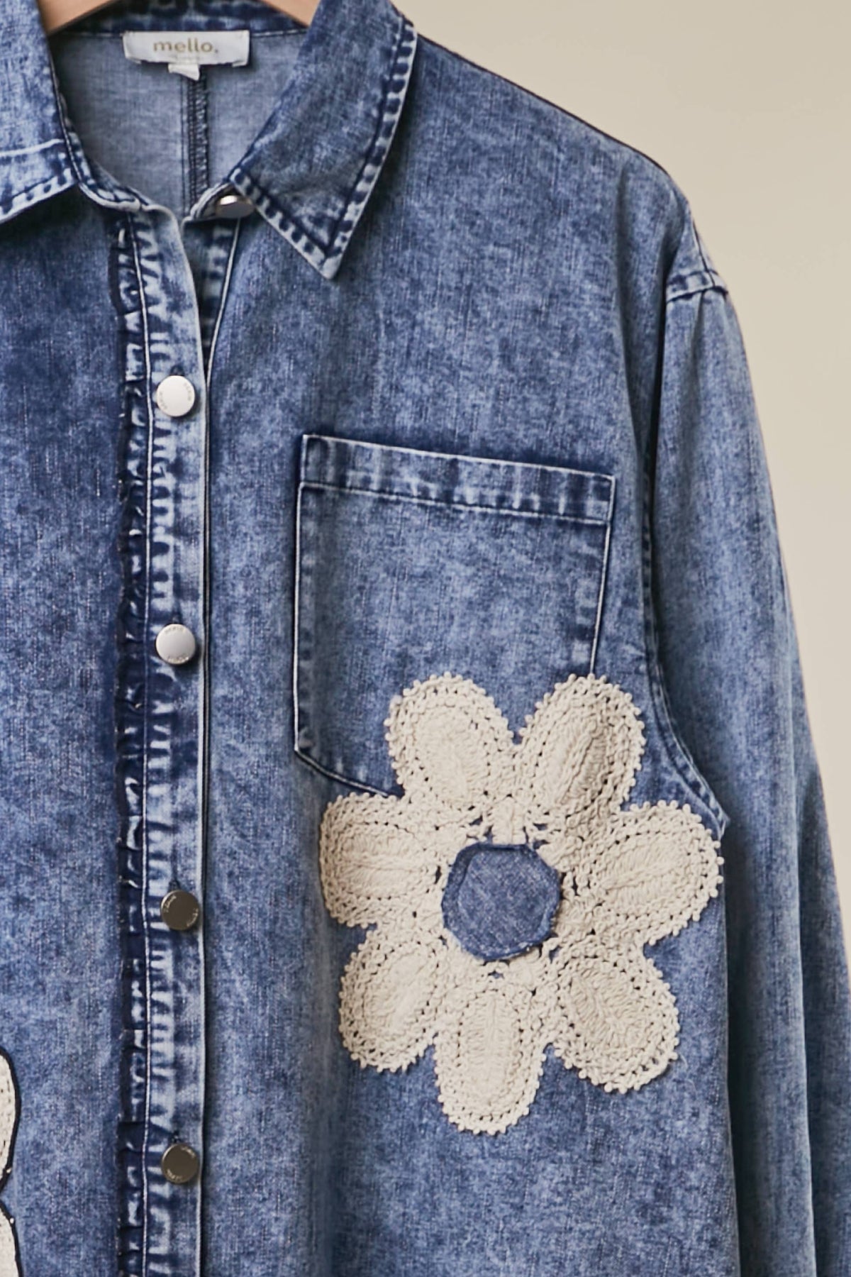 Sharron Floral Patch Washed Denim Lace Shirt Dress Ruffle ~ Indigo Blue