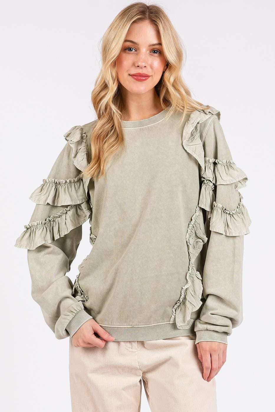 Dallas Mineral Wash Ruffle Top ~ Sage