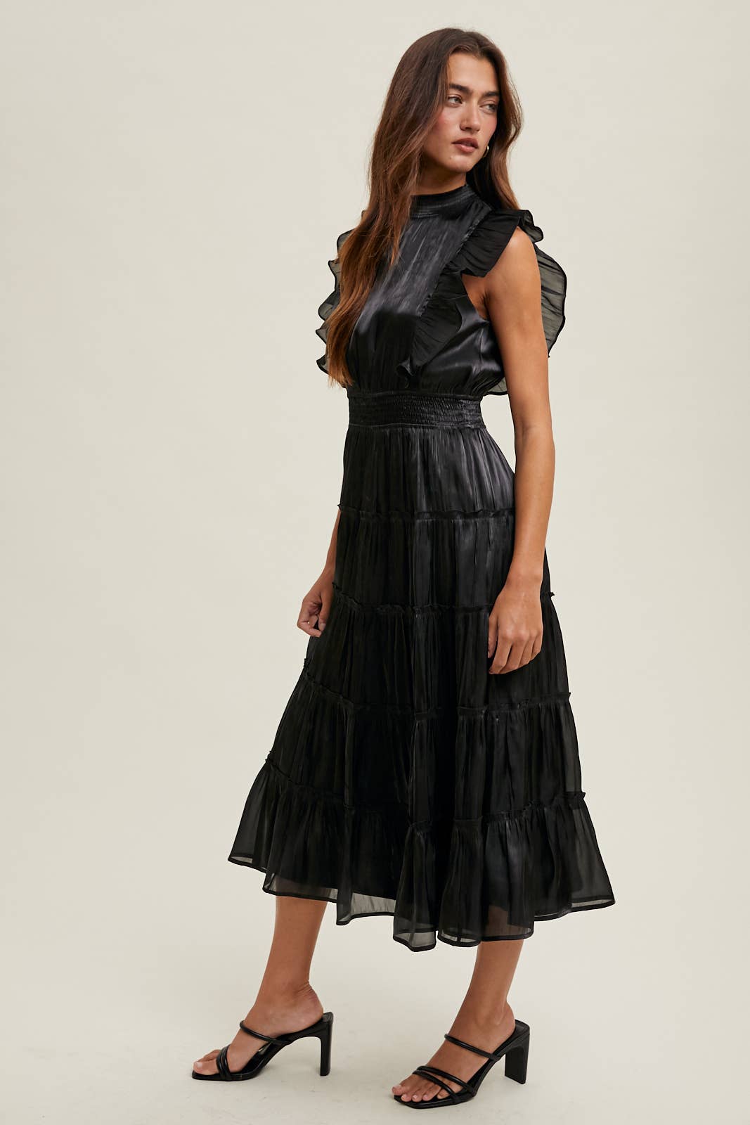 Odessa Organza Ruffle Tiered Midi Dress ~ Black