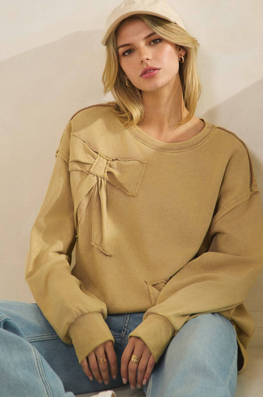 Flora French Terry Bow Pullover ~ Taupe