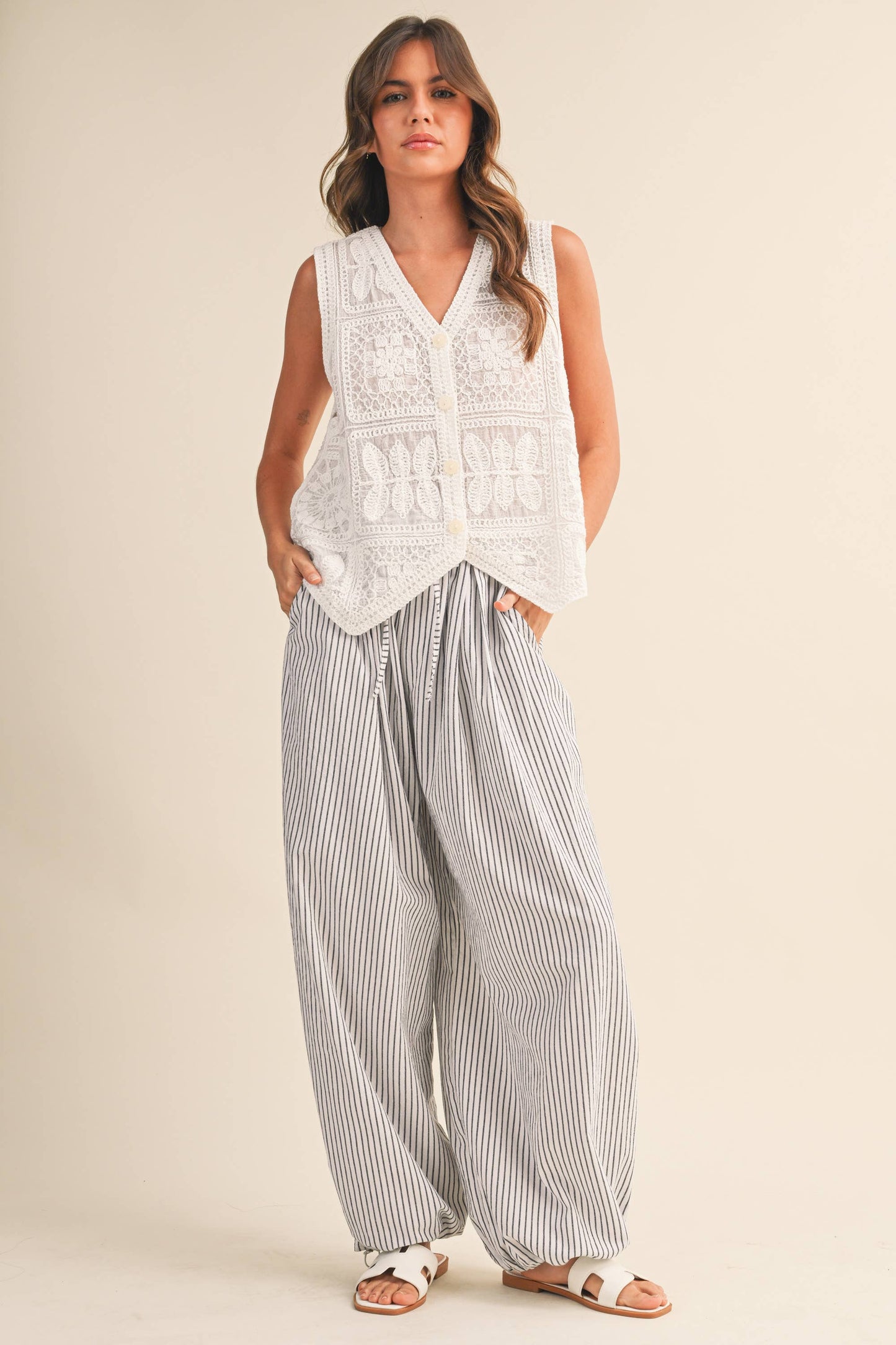 Shelly Striped Balloon Linen Blend Pants ~ White/Black