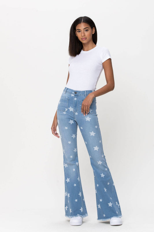 Star Print High Rise Front Pocket Flare Jeans ~ Light Denim
