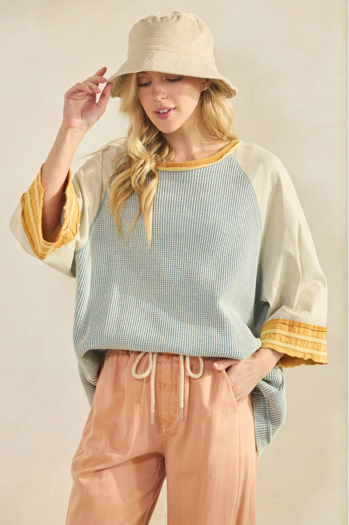 Bonnie Boho Waffle Knit Raglan Top ~ Dusty Blue