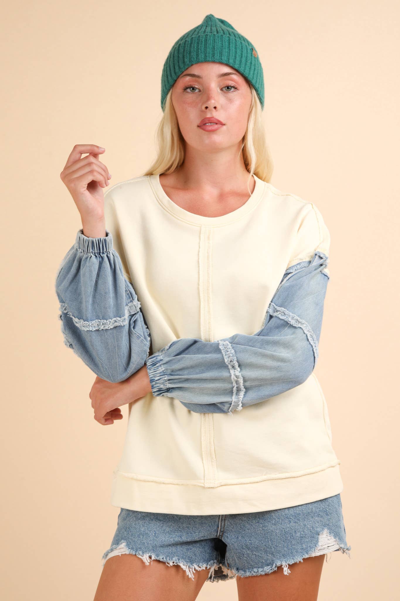 Angela Acid Washed Oversized Denim Sleeve Top ~ Cream