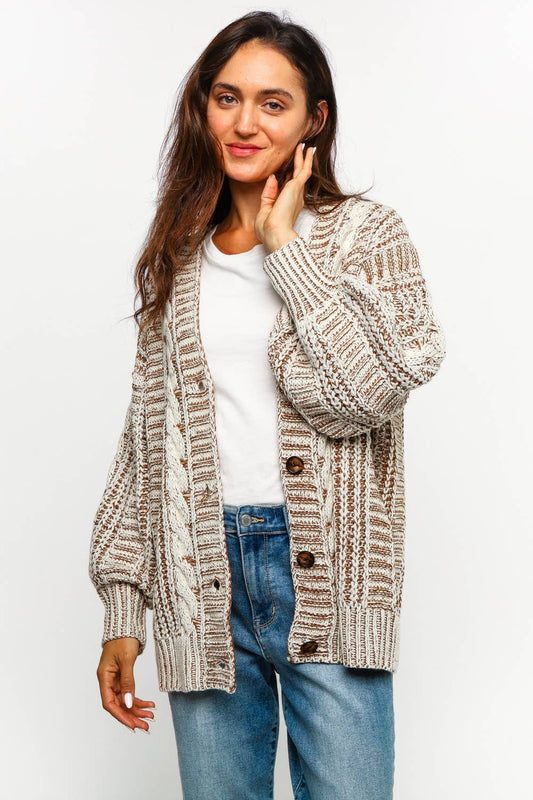 Tessa Two Tone Cable Chunky Sweater Cardigan ~ Oatmeal/Taupe