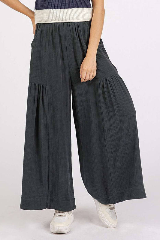 Josie Gauze Tier Pleat Wide Leg Pants ~ Ash Black