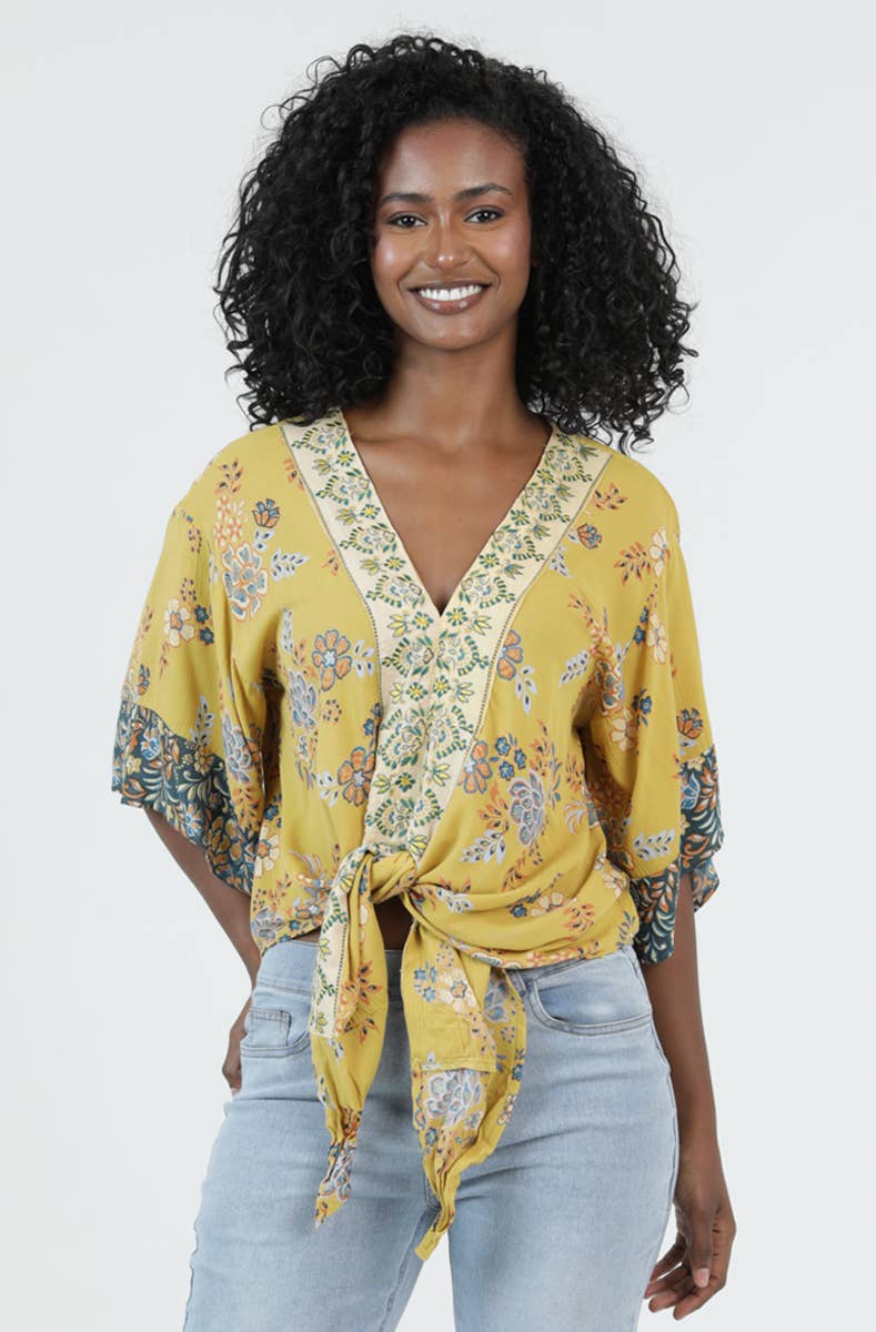 Shelia V Neck Tie Front Floral Top ~ Mustard