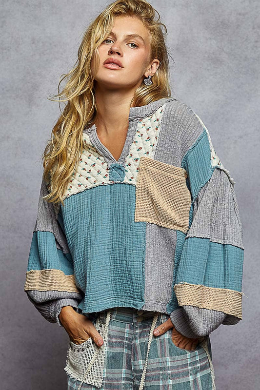 POL Gauze Contrast Quilted Rib Knit Top ~ Azure Blue