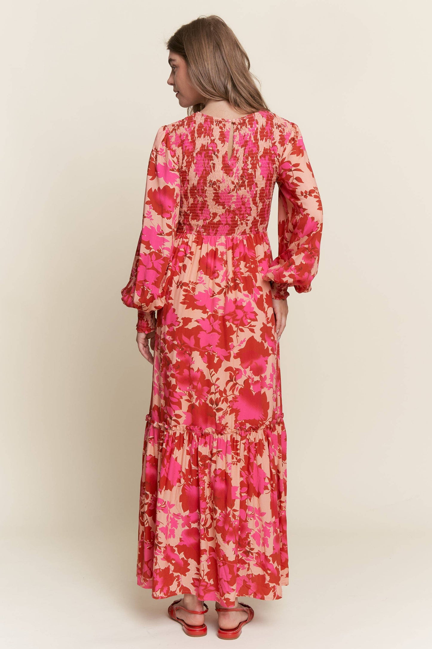 Jessica Floral Smocked Bodice  Maxi Dress ~ Red