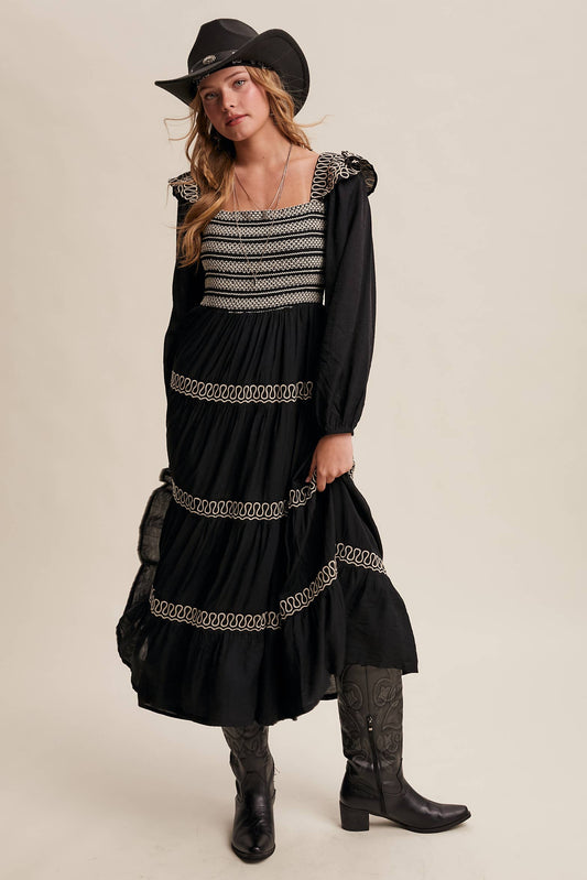 Sammie Smocked Western Maxi Dress ~ Black