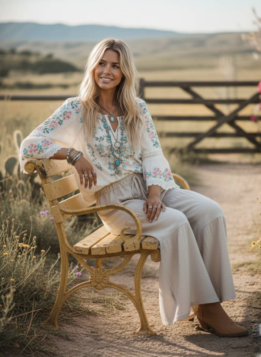 Linen Blend Tiered Wide Leg Palazzo Pants~Natural