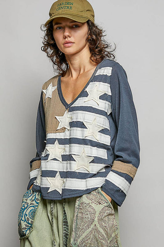 POL Vintage American Flag Patch Top ~ Grey