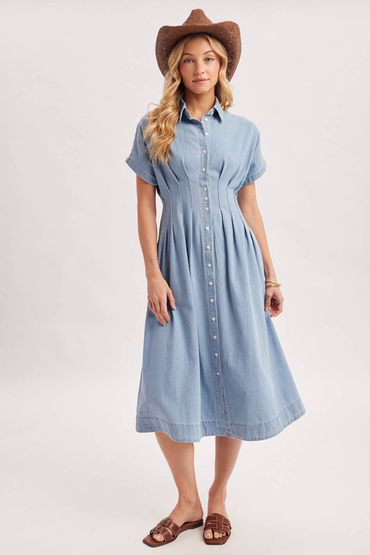Bailey Pleated Waist Button Down Shirt Dress ~ Light Denim