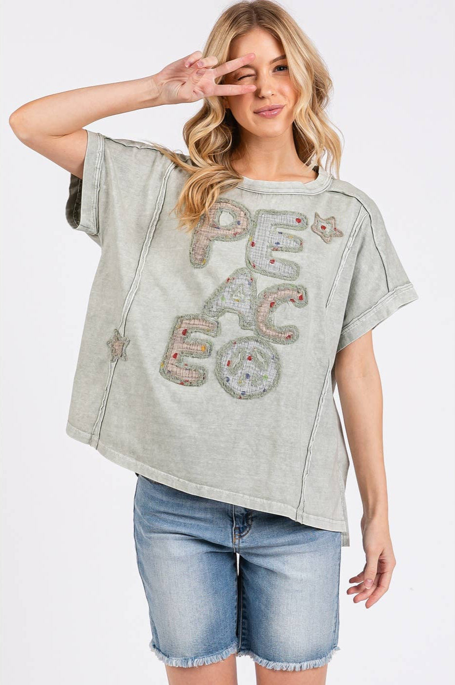 Paige Peace Sign Patchwork Top ~ Sage Grey