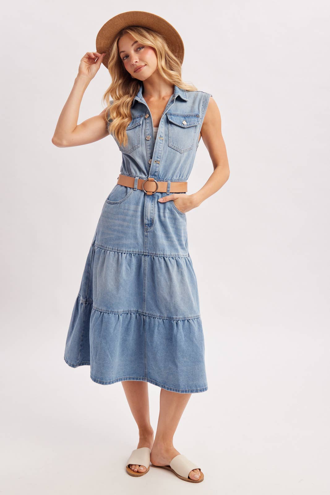 Devon Tiered Sleeveless Shirt Midi Dress ~ Light Denim