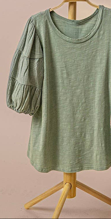 Poppy Mineral Washed Puff Sleeve Top ~ Sage