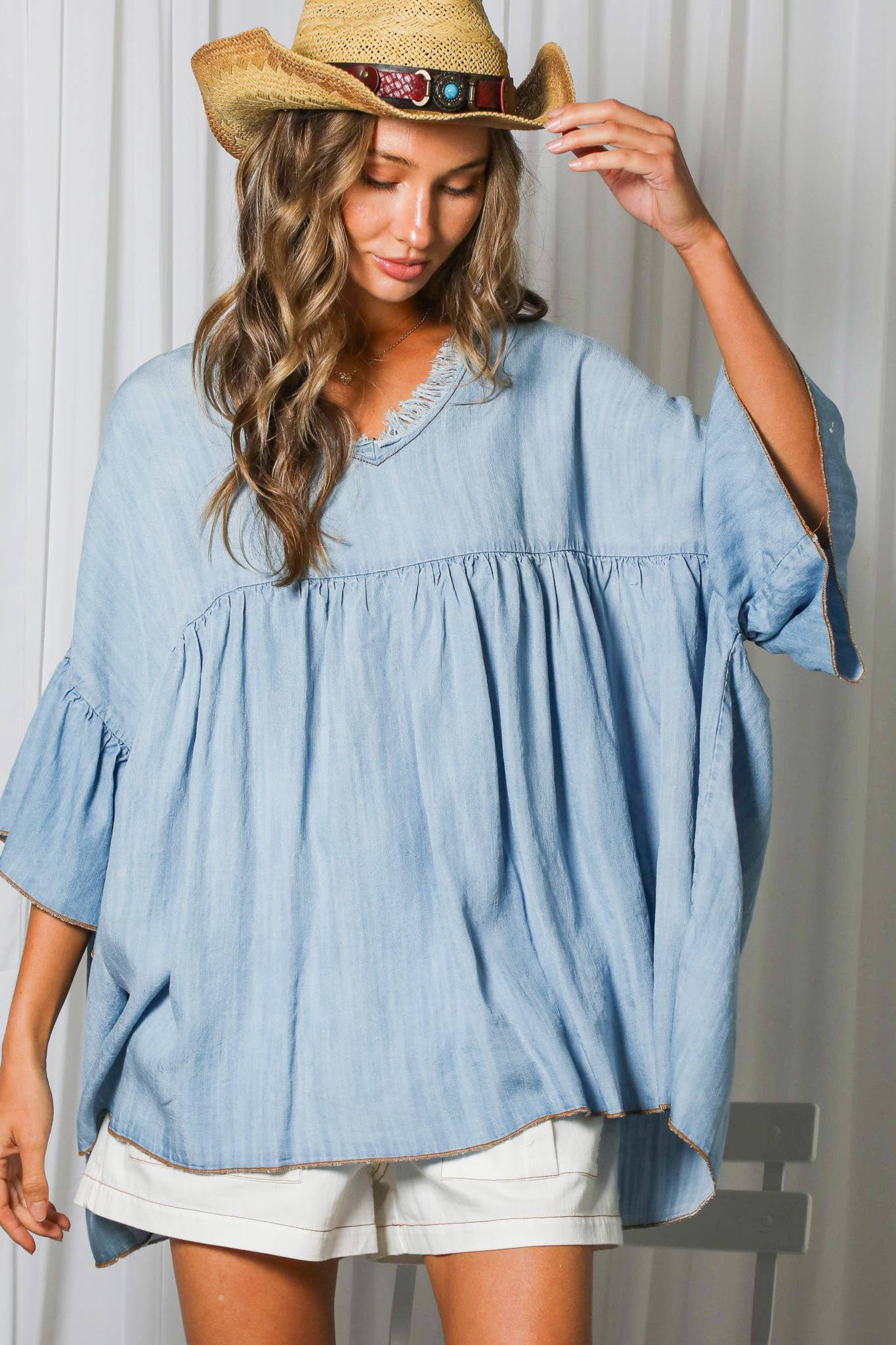 Tia V-Neck Ruffled Tencel Chambray Loose Top ~ Light Denim