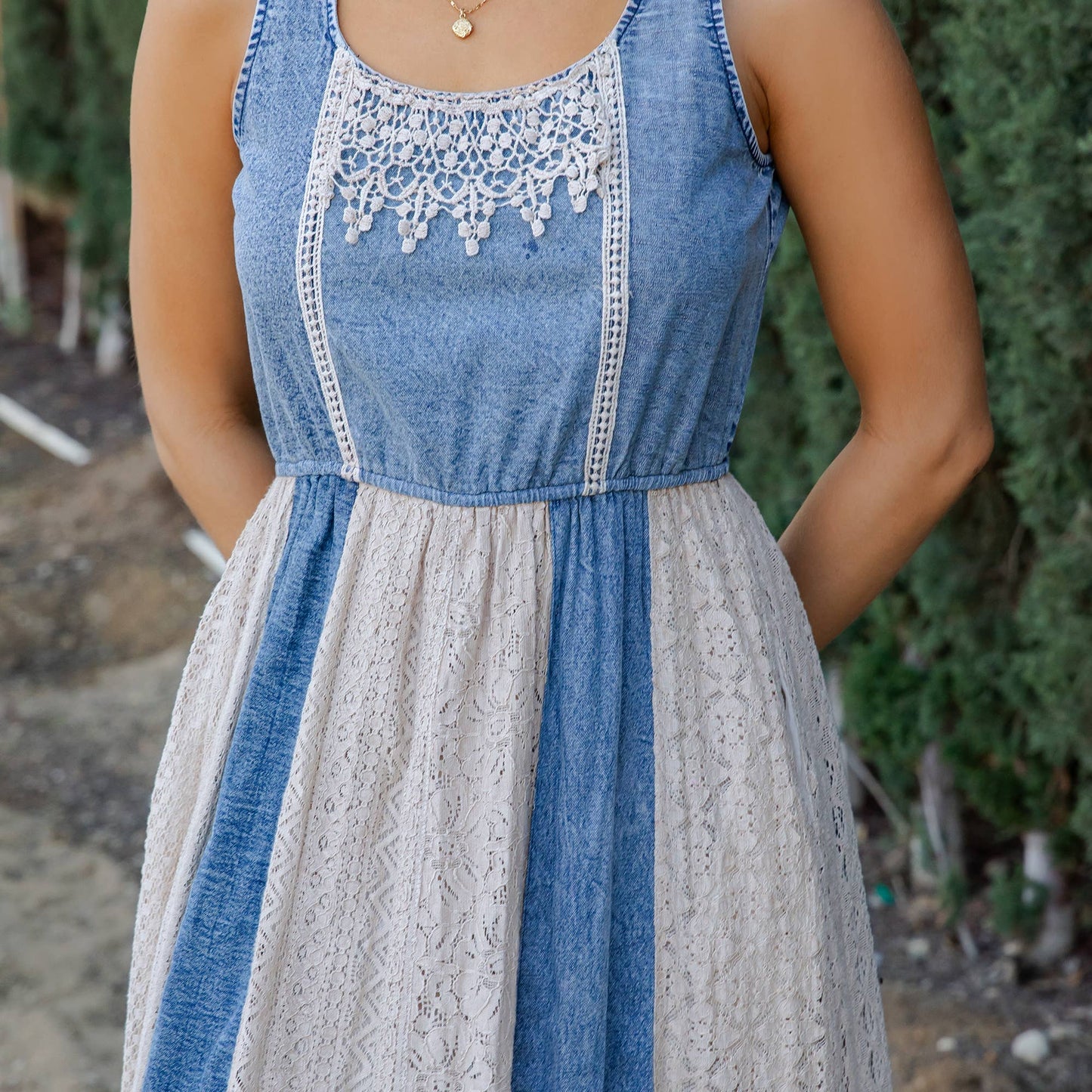 Betty Boho Western Denim & Lace Panel Midi Dress - Latte