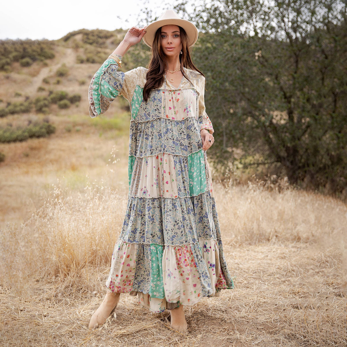 Jhabla Floral Patchwork Maxi Dress ~ Sand