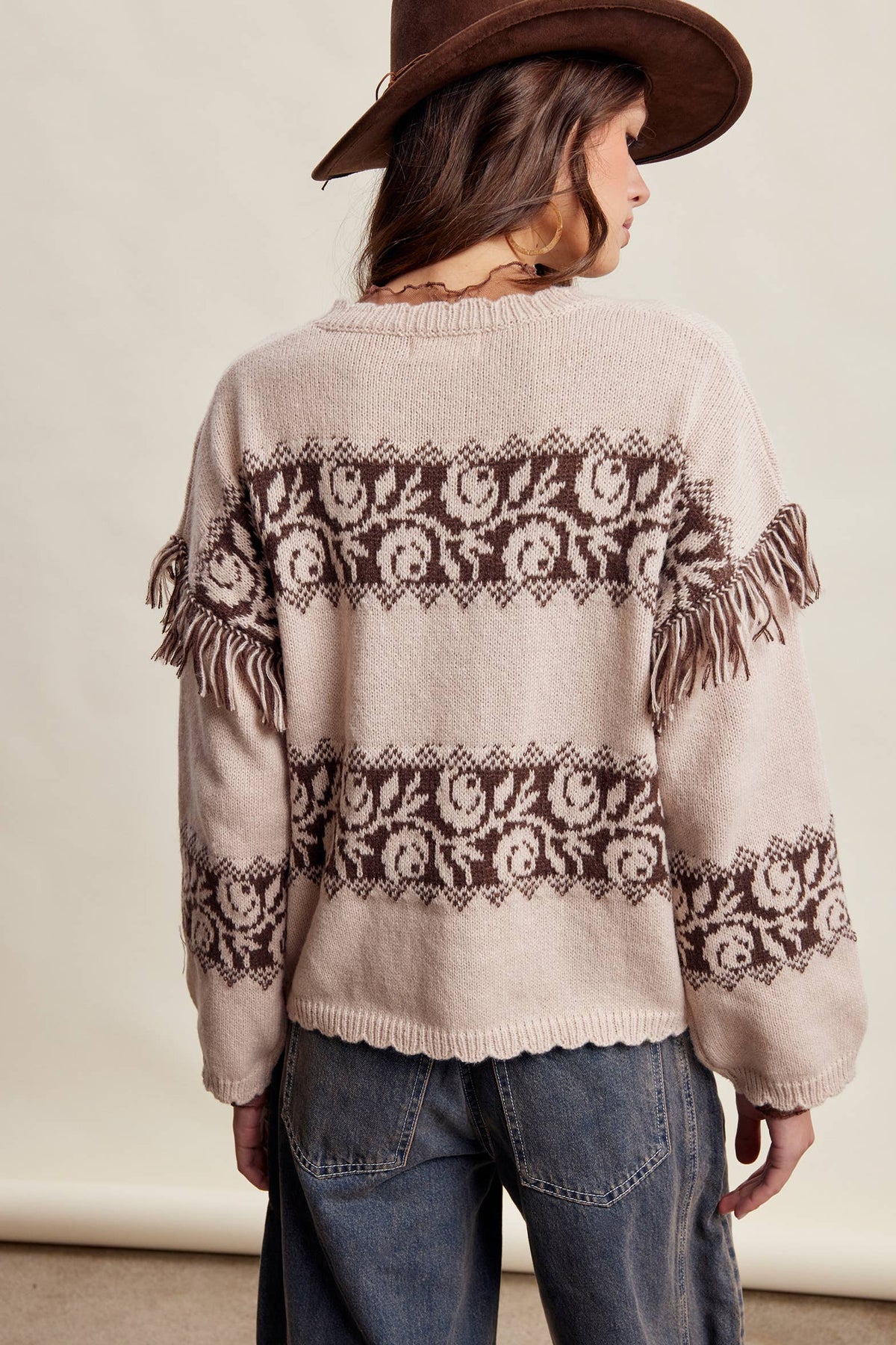 Whitney Western Fringe Pattern Knit Sweater ~ Sand Stone