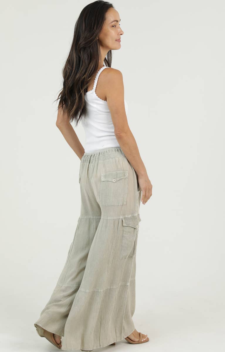 Avery Acid Wash Smocked Waist Cargo Pants ~ Sage