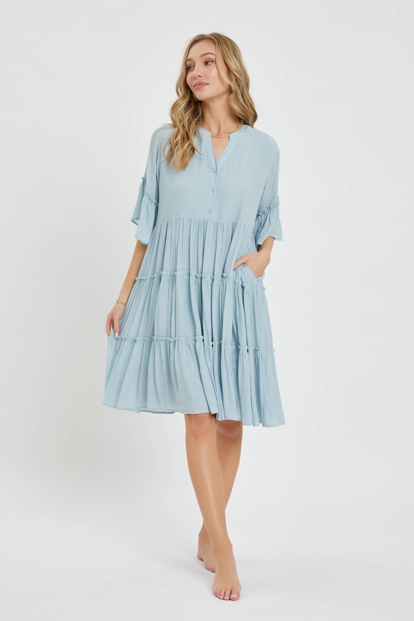 Theo Tiered Shirt Dress ~ Misty Blue