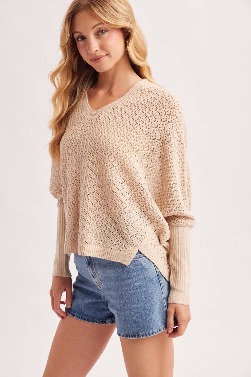 Sadie Open Knit Dolman Sleeve Knit Sweater ~ Oatmeal