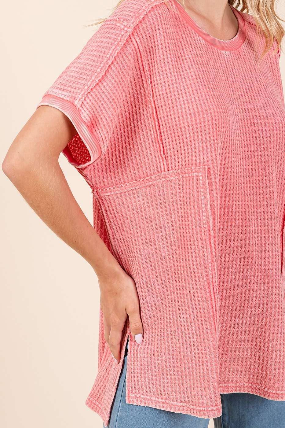 Ella Mineral Wash Waffle Knit Tunic Top ~ Coral
