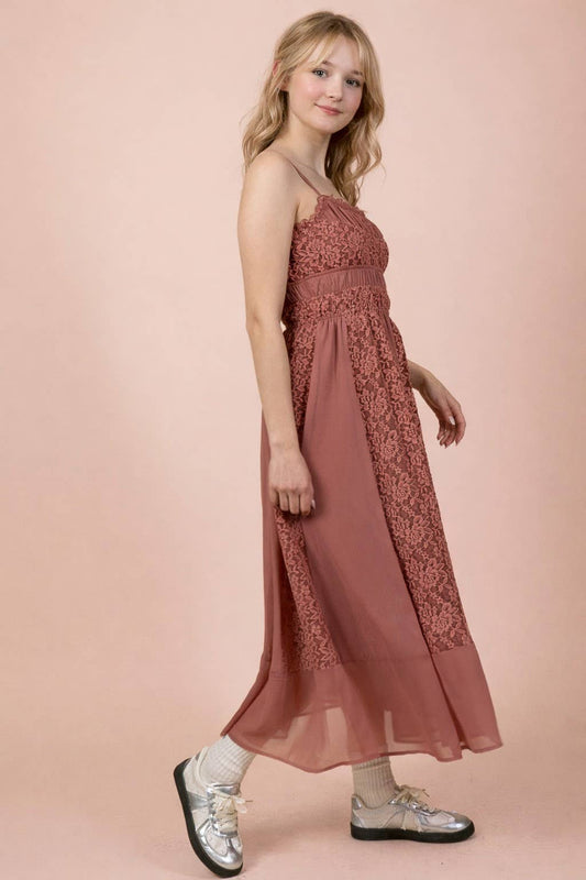 Lucia Lace Detail Solid Midi Dress ~ Dark Mauve