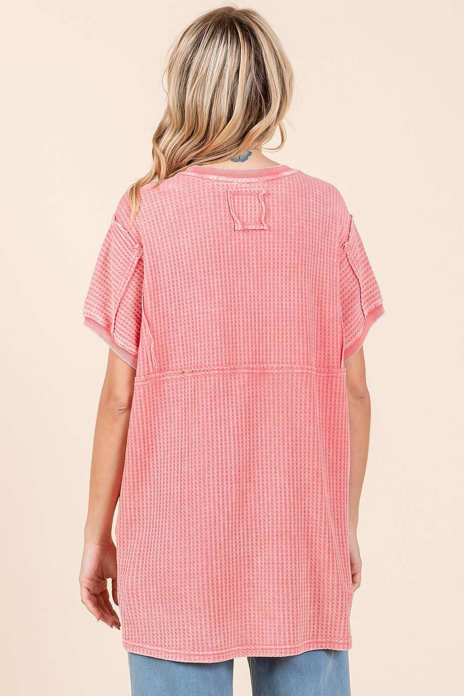 Ella Mineral Wash Waffle Knit Tunic Top ~ Coral