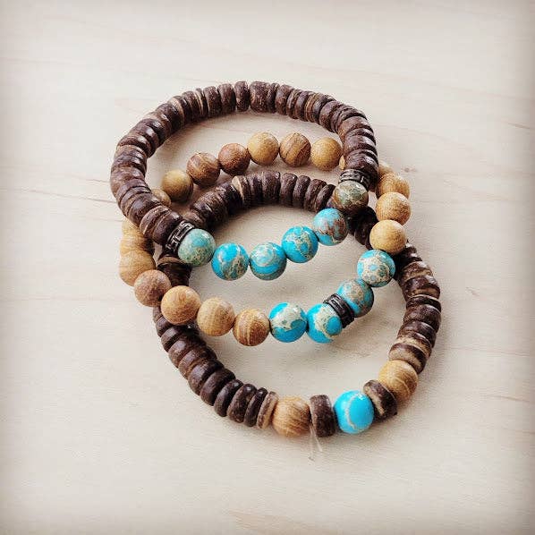 Wood and Imperial Jasper Stretch Bracelet Trio