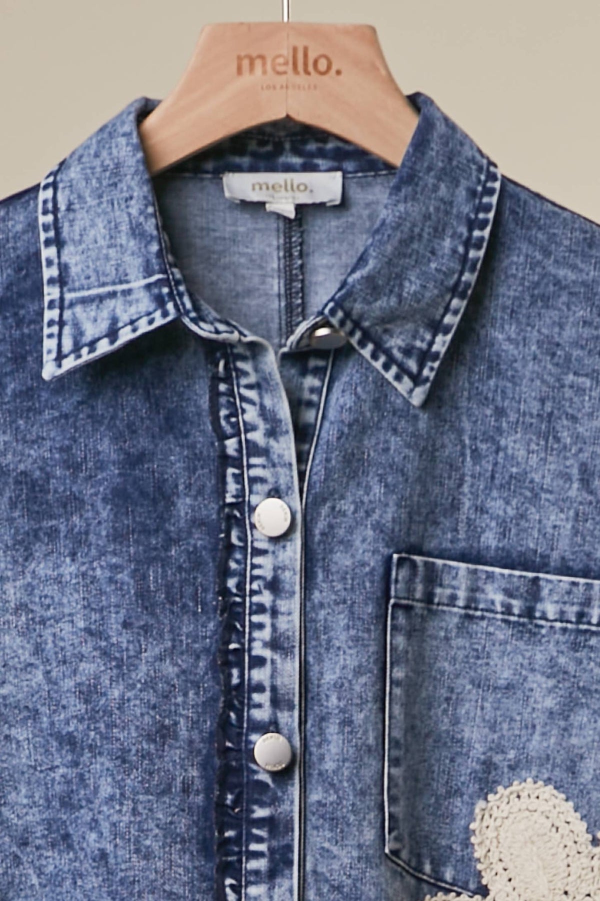 Sharron Floral Patch Washed Denim Lace Shirt Dress Ruffle ~ Indigo Blue