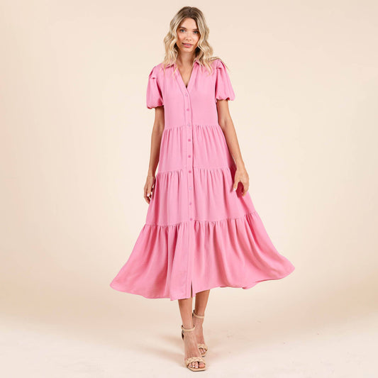 Dana Tiered Button Down Puff Sleeve Midi Dress ~ Pink