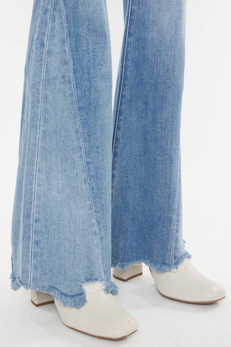 Stacey Mid Rise Raw Hem Flare Jeans ~ Light Denim