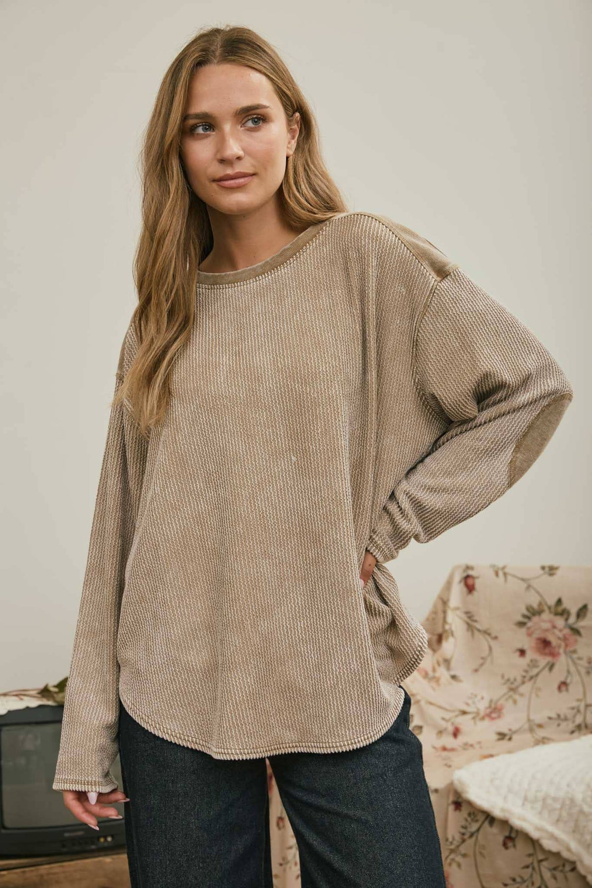 Brynn Boxy Textured Washed Knit Top ~ Mocha
