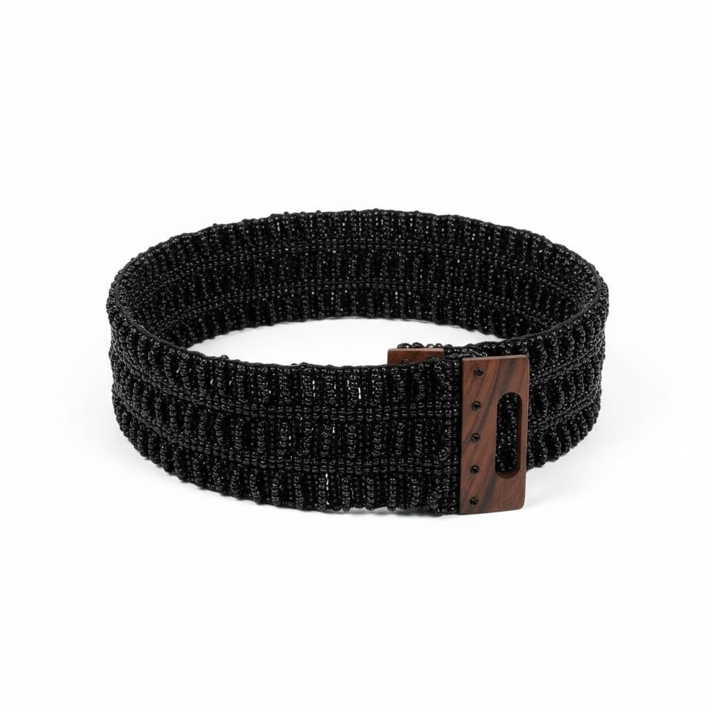 Stretchable Boho Chic Glass Beaded Belt with Wooden Buckle
