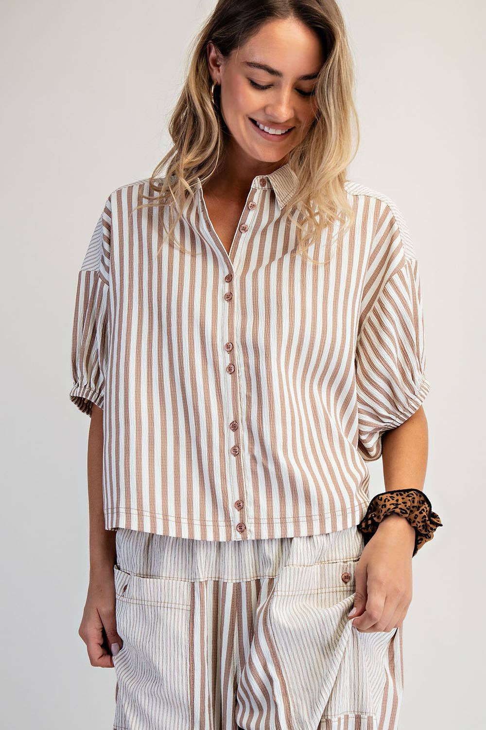 Blair Boxy Striped Button Down Shirt ~ Mocha