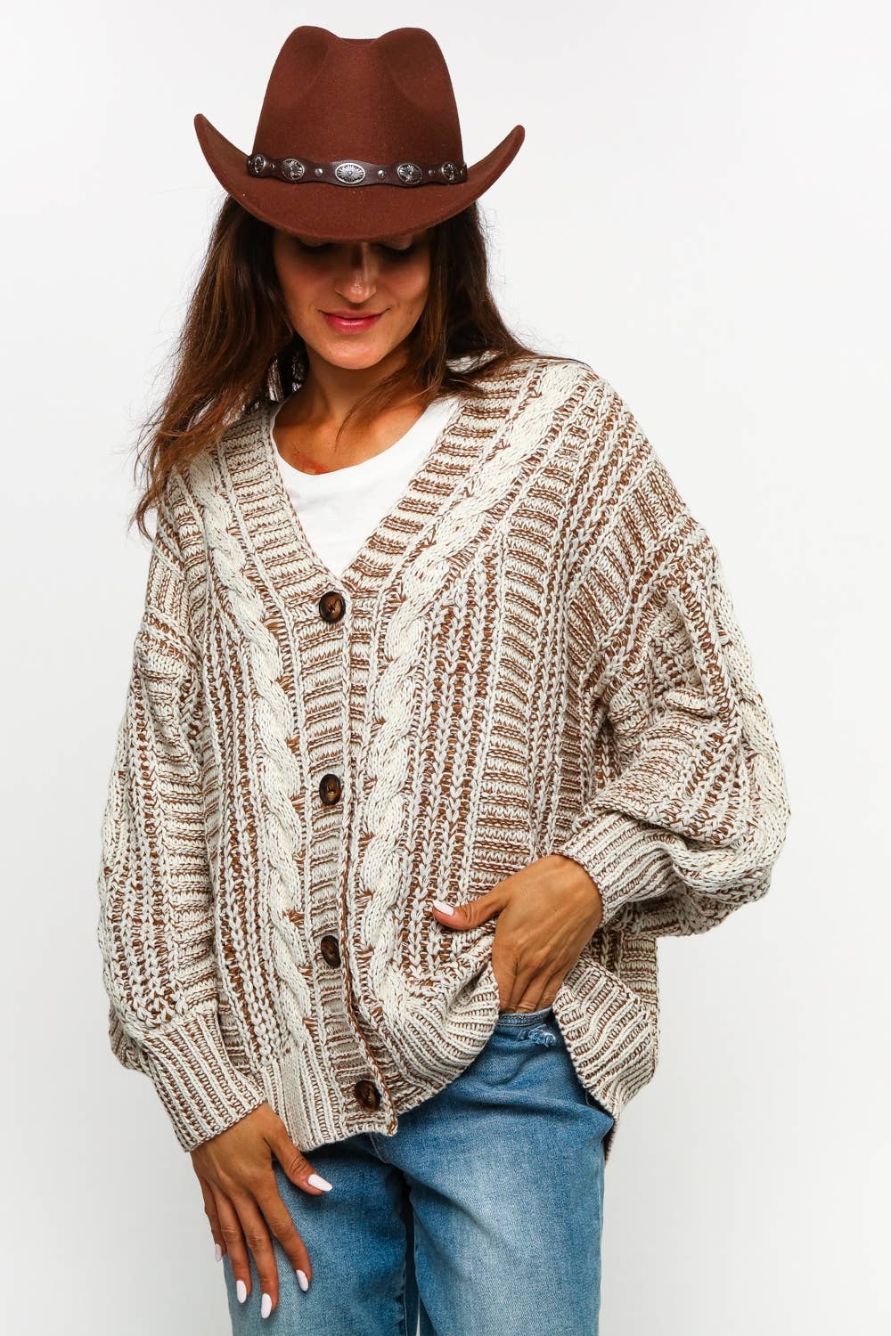 Tessa Two Tone Cable Chunky Sweater Cardigan ~ Oatmeal/Taupe