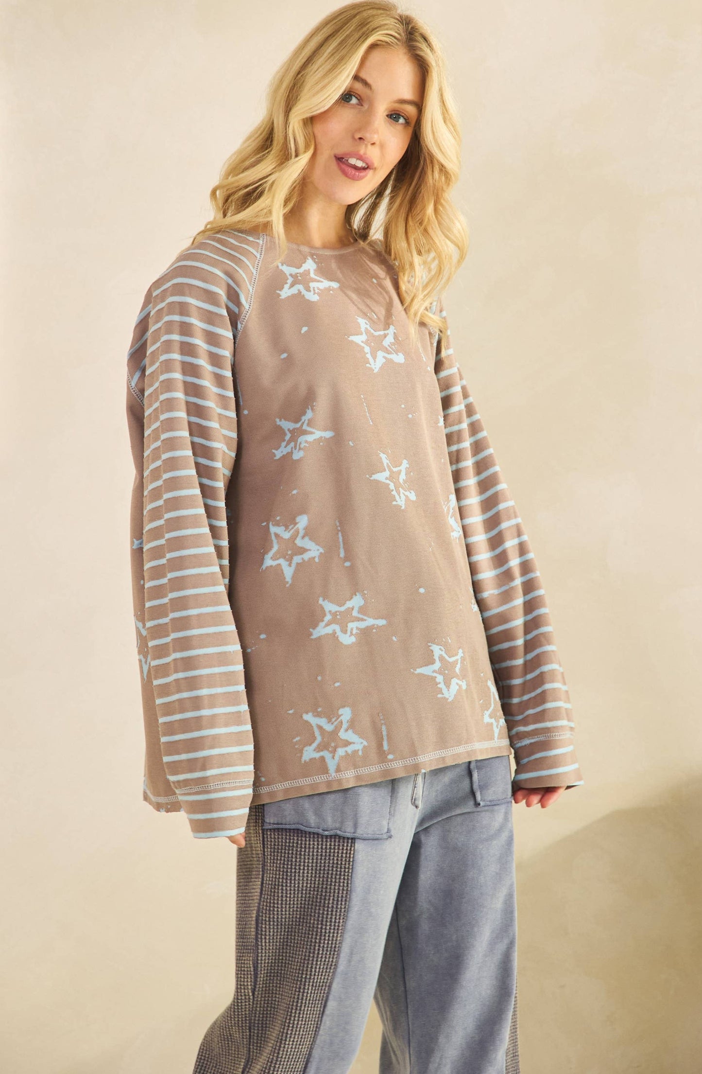 Sheri Striped Sleeve Star Top ~ Mocha