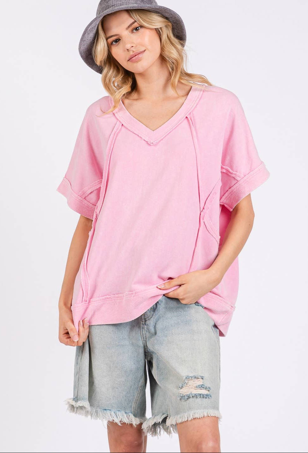 Madeline Mineral Wash Vintage Seam Top ~ Pink